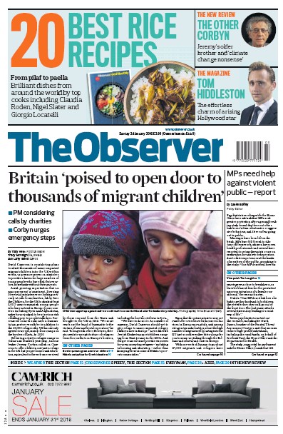 The Observer Newspaper Front Page (UK) for 24 January 2016