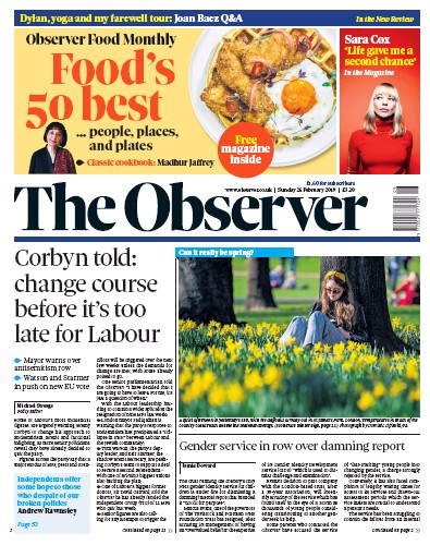 The Observer Newspaper Front Page (UK) for 24 February 2019