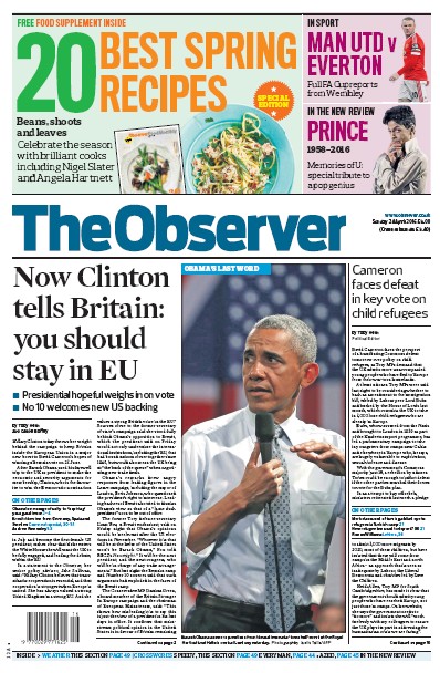 The Observer Newspaper Front Page (UK) for 24 April 2016