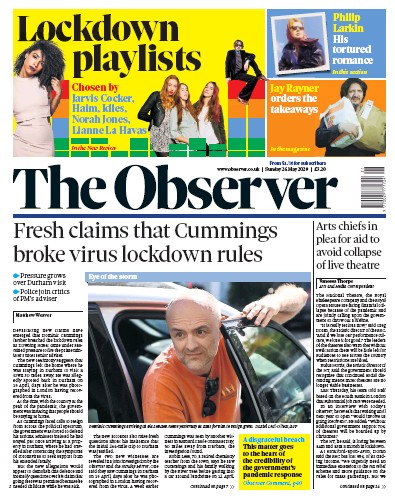 The Observer Newspaper Front Page (UK) for 24 May 2020