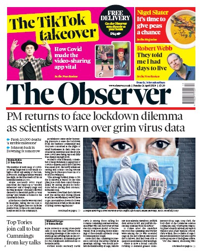 The Observer Newspaper Front Page (UK) for 26 April 2020