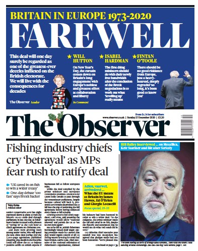 The Observer Newspaper Front Page (UK) for 27 December 2020