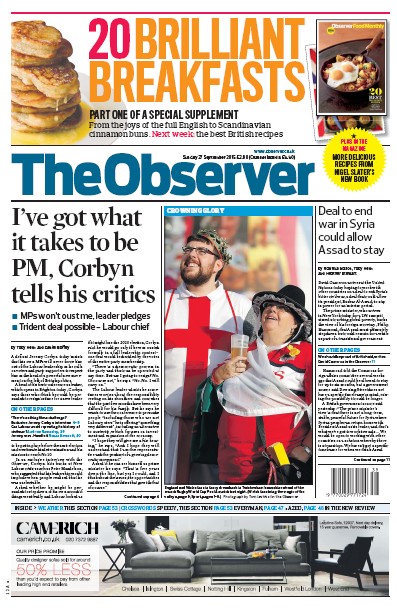 The Observer Newspaper Front Page (UK) for 27 September 2015