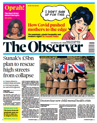 The Observer Newspaper Front Page (UK) for 28 February 2021