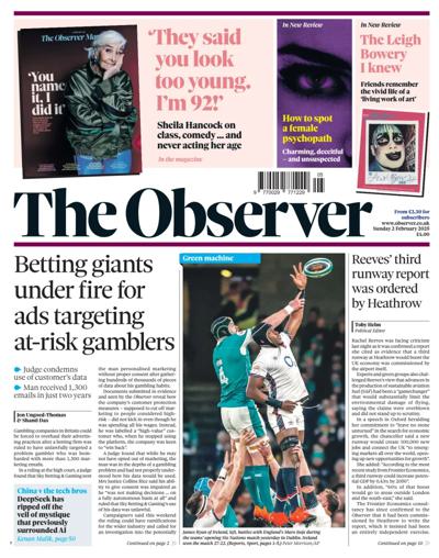 The Observer Newspaper Front Page (UK) for 2 February 2025