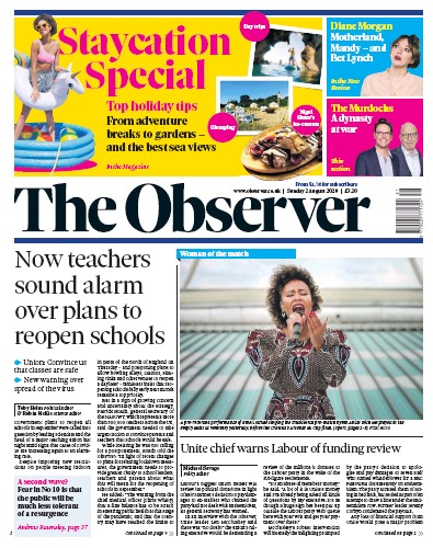 The Observer Newspaper Front Page (UK) for 2 August 2020