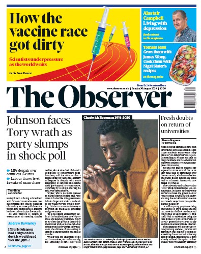 The Observer Newspaper Front Page (UK) for 30 August 2020