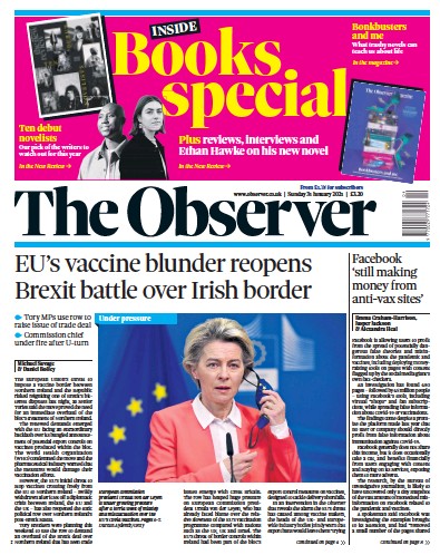 The Observer Newspaper Front Page (UK) for 31 January 2021