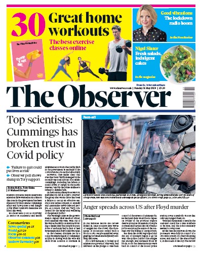 The Observer Newspaper Front Page (UK) for 31 May 2020