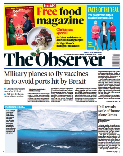 The Observer Newspaper Front Page (UK) for 6 December 2020