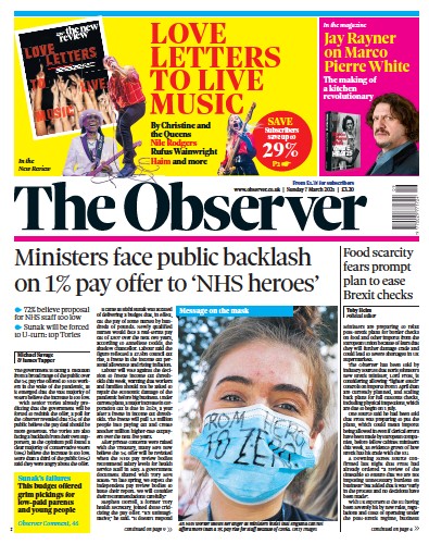 The Observer Newspaper Front Page (UK) for 7 March 2021