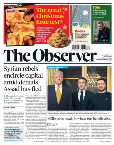 The Observer Newspaper Front Page (UK) for 8 December 2024