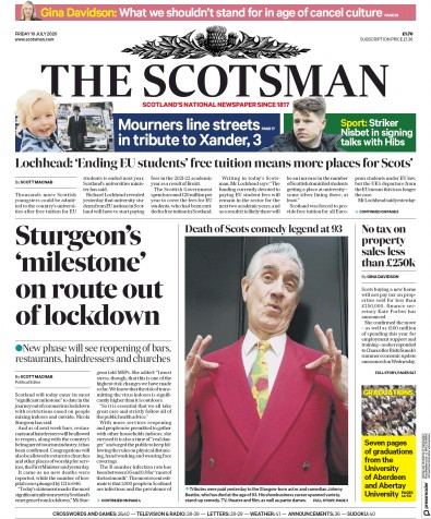 The Scotsman Newspaper Front Page (UK) for 10 July 2020