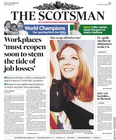 The Scotsman Newspaper Front Page (UK) for 11 September 2020