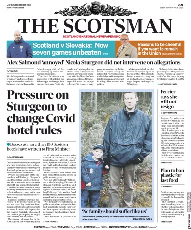 The Scotsman Newspaper Front Page (UK) for 12 October 2020