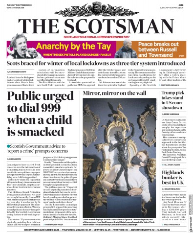 The Scotsman Newspaper Front Page (UK) for 13 October 2020