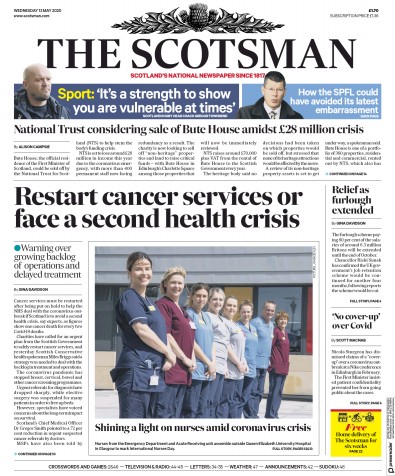 The Scotsman Newspaper Front Page (UK) for 13 May 2020