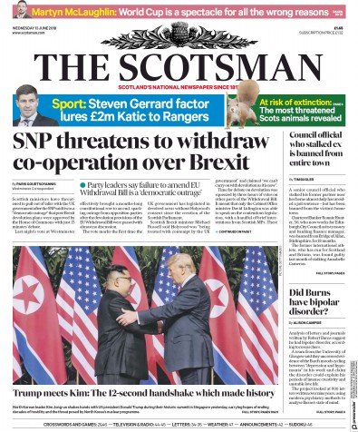 The Scotsman Newspaper Front Page (UK) for 13 June 2018