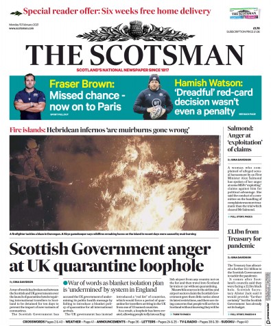 The Scotsman Newspaper Front Page (UK) for 15 February 2021