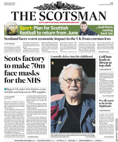 The Scotsman Newspaper Front Page (UK) for 15 May 2020