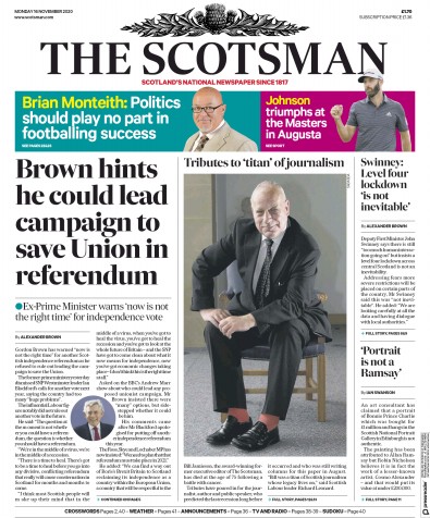 The Scotsman Newspaper Front Page (UK) for 16 November 2020