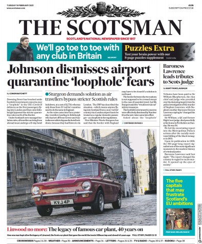 The Scotsman Newspaper Front Page (UK) for 16 February 2021