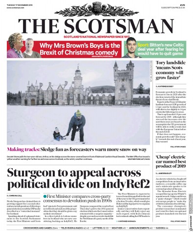 The Scotsman Newspaper Front Page (UK) for 17 December 2019