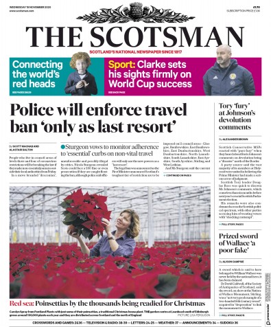 The Scotsman Newspaper Front Page (UK) for 18 November 2020