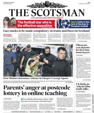 The Scotsman Newspaper Front Page (UK) for 18 June 2020