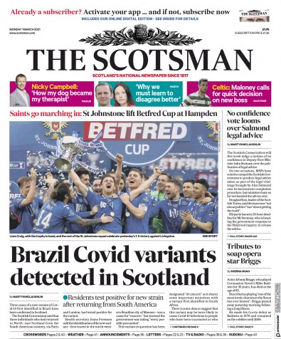 The Scotsman Newspaper Front Page (UK) for 1 March 2021