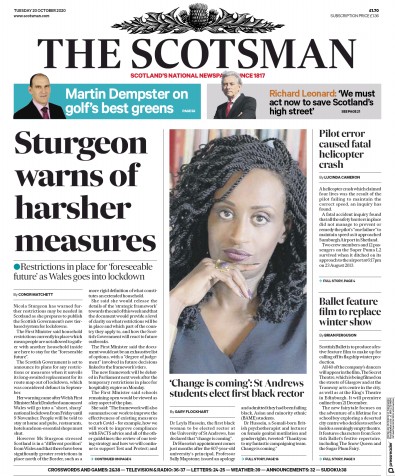 The Scotsman Newspaper Front Page (UK) for 20 October 2020