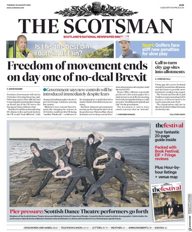 The Scotsman Newspaper Front Page (UK) for 20 August 2019