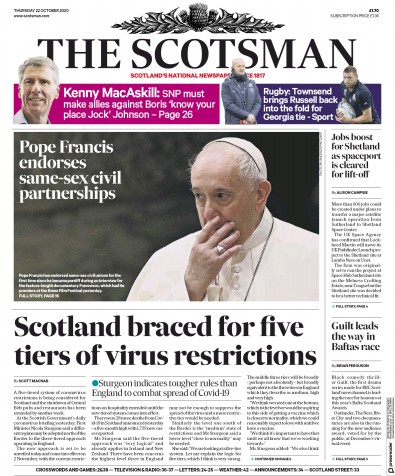 The Scotsman Newspaper Front Page (UK) for 22 October 2020