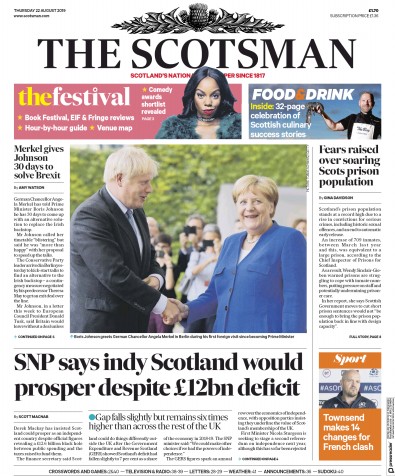 The Scotsman Newspaper Front Page (UK) for 22 August 2019