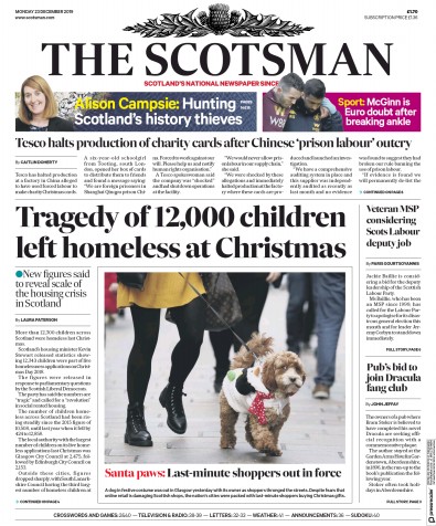 The Scotsman Newspaper Front Page (UK) for 23 December 2019