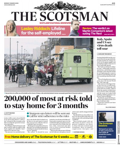 The Scotsman Newspaper Front Page (UK) for 23 March 2020