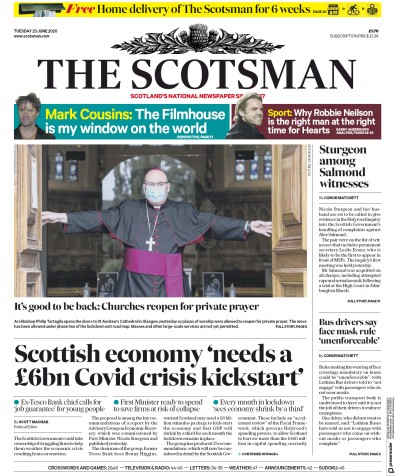 The Scotsman Newspaper Front Page (UK) for 23 June 2020