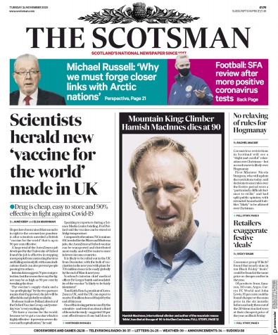 The Scotsman Newspaper Front Page (UK) for 24 November 2020