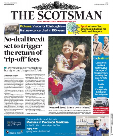 The Scotsman Newspaper Front Page (UK) for 24 August 2018