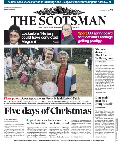 The Scotsman Newspaper Front Page (UK) for 25 November 2020