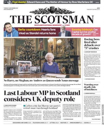 The Scotsman Newspaper Front Page (UK) for 25 December 2019