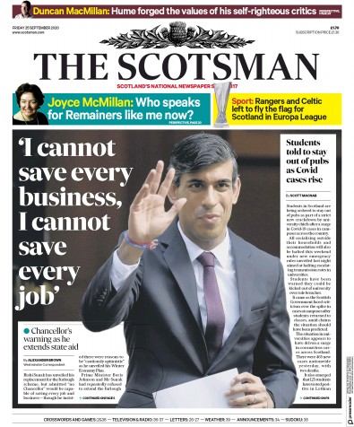 The Scotsman Newspaper Front Page (UK) for 25 September 2020