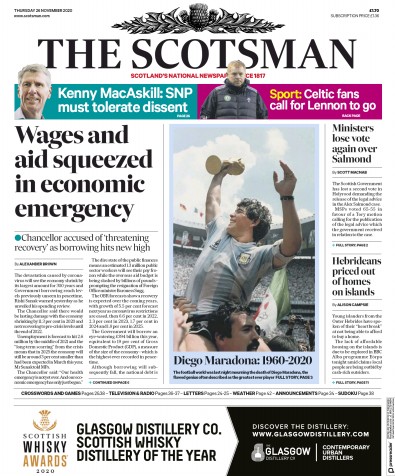 The Scotsman Newspaper Front Page (UK) for 26 November 2020