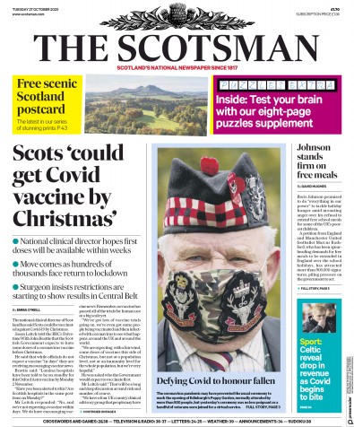 The Scotsman Newspaper Front Page (UK) for 27 October 2020