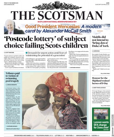 The Scotsman Newspaper Front Page (UK) for 27 December 2019