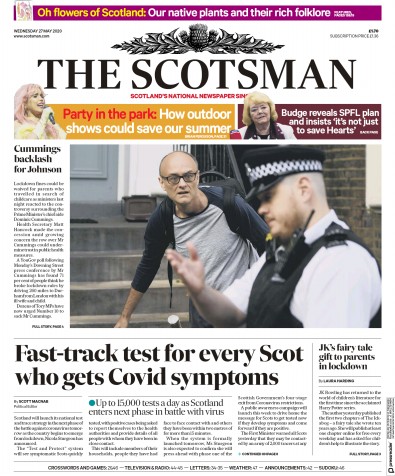 The Scotsman Newspaper Front Page (UK) for 27 May 2020