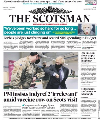 The Scotsman Newspaper Front Page (UK) for 29 January 2021