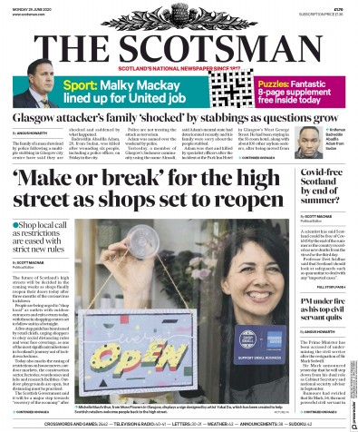 The Scotsman Newspaper Front Page (UK) for 29 June 2020