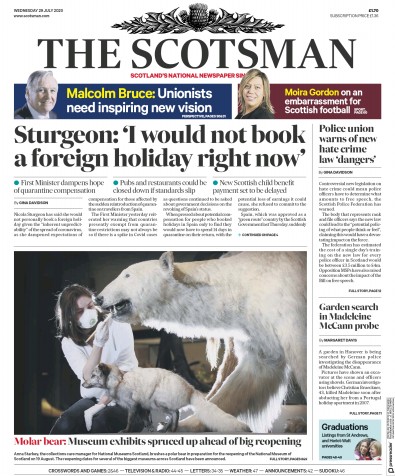 The Scotsman Newspaper Front Page (UK) for 29 July 2020