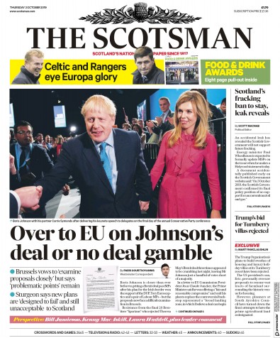 The Scotsman Newspaper Front Page (UK) for 3 October 2019